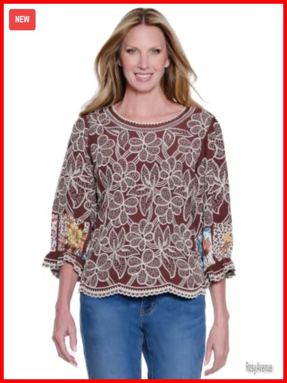 Woven Embroidered 3/4 Sleeve Popover Blouse Scoop Neck Casual Top
